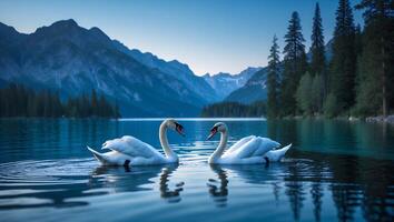 Swans Swimming on Calm Lake Reflecting Mountain Scenery Nature View photo