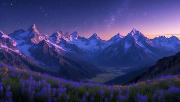 Snowy Mountain Range with Purple Wildflowers Under Starry Night Sky photo