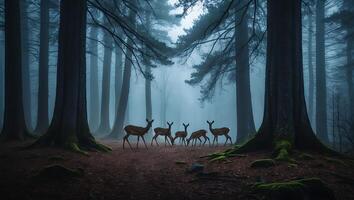 Deer Herd Walking Through Forest in Foggy Atmospheric Landscape photo