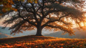 Majestic Old Tree Standing on Hill at Sunset with Fallen Leaves photo
