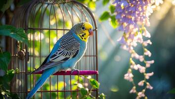 Blue Parakeet Perching in Birdcage with Sunlight and Blooming Flowers photo