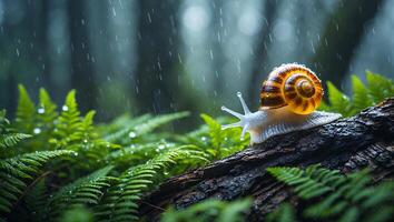 Snail Crawling on Log During Rainy Weather in Forest Environment photo