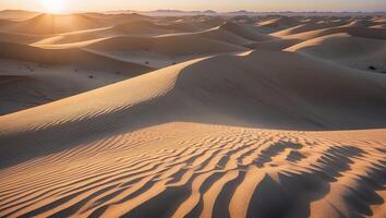 Sand Dunes Landscape at Sunrise with Golden Light and Rippled Texture photo