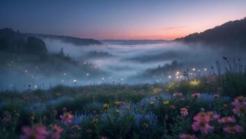 Foggy Valley Landscape with Flowers at Dusk and Dim Lights photo