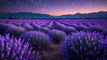 Lavender Field Blooming Under Starry Night Sky with Mountain Backdrop photo