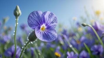 Blooming Purple Flower with Water Droplets Against a Bright Blue Sky photo