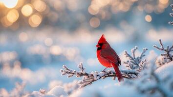 Cardinal Bird Perching on Snowy Branch at Sunset in Winter photo