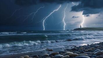Lighthouse Watching Storm Over Ocean with Lightning and Waves on Beach photo