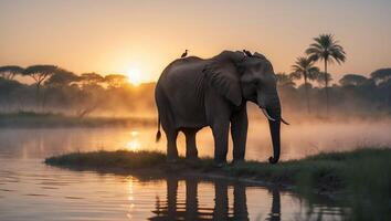 Elephant Standing Near Water with Birds at Tranquil Sunrise Scene photo