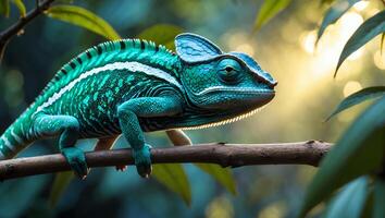 Chameleon Resting on Branch in Natural Habitat with Bright Background photo