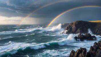 Ocean Waves Crashing on Rocky Shore with Double Rainbow Under Stormy Sky photo