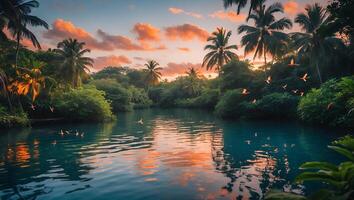 Tranquil Tropical River Scene at Sunset with Palm Trees and Birds photo