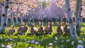 Group of Rabbits Sitting in Meadow with Flowering Trees Spring photo