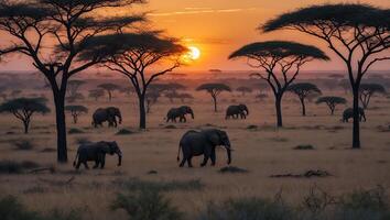 Elephant Herd Walking Across African Savanna at Sunset Landscape photo