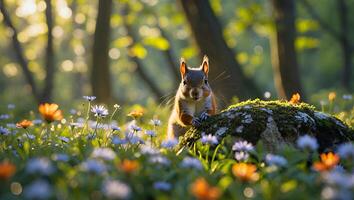 Squirrel Sitting on Mossy Rock Among Wildflowers in Forest Glade photo