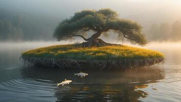 Tree on Island in Lake with Fish and Mist at Sunrise photo