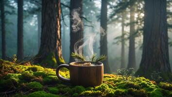 Hot Drink with Evergreens in Forest with Moss and Mist photo
