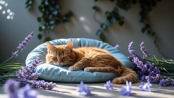 Cat Napping on Pillow Surrounded by Lavender Flowers in Sunlight photo