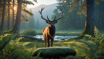 Stag Standing in Forest Clearing with Morning Sunlight and Mist photo