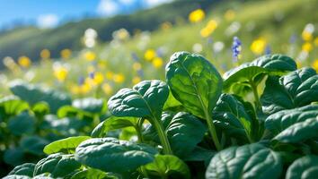 Fresh Green Spinach Growing in a Sunny Field of Wildflowers photo