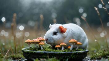 White Guinea Pig Near Orange Mushrooms in a Grassy Setting photo