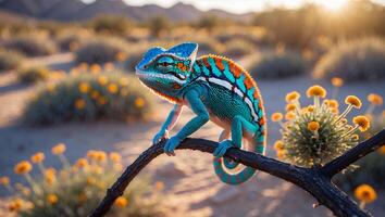 Chameleon Resting on Branch in Desert Landscape with Yellow Flowers photo