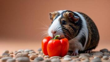 Guinea Pig Eating Red Pepper on Pebbles in Studio Setting photo