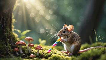 Mouse Eating Colorful Candy Stick in Mossy Forest with Mushrooms photo