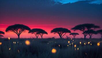 Savannah Trees at Sunset with Fireflies Glowing in the Field photo