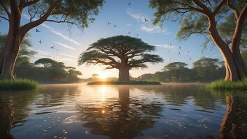 Large Tree Reflecting in Calm Water with Birds at Sunrise photo