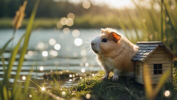 Guinea Pig Near Tiny House by Lake with Bokeh Background photo