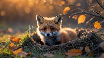 Fox Cub Resting Near Den with Autumn Leaves and Golden Sunlight photo