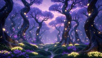 Enchanted Forest Path with Glowing Lights and Purple Trees Landscape photo