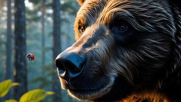 Bear and Ladybug Encounter in Forest at Golden Hour Close Up photo