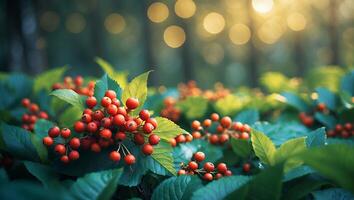 Red Berries Growing Among Green Leaves in Forest with Bokeh Light photo