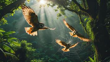 Owls Flying Through Forest with Sun Rays and Spider Web photo