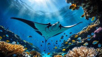 Manta Ray Gliding Through Underwater Coral Reef with Sunlight Beams photo