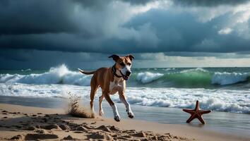Dog Running on Beach with Starfish and Dramatic Sky Backdrop photo