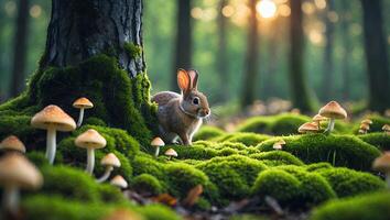 Rabbit in Forest with Mushrooms on Mossy Ground at Sunset photo