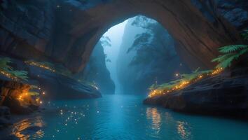 Exploring River Through Mystical Canyon with Glowing Lights and Fog photo