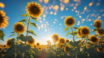 Sunflower Field Under Bright Blue Sky with Glistening Bokeh Lights photo