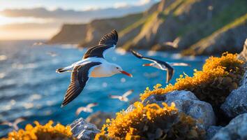 Seagull Flying Near Rocky Coastline with Golden Vegetation and Ocean View photo