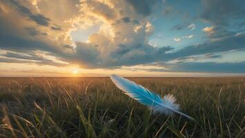 Feather Laying in Grassy Field Under Dramatic Cloudy Sky at Sunset photo
