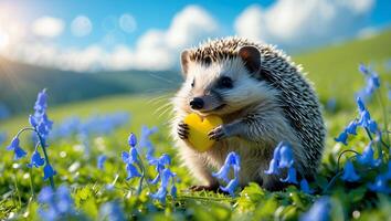Hedgehog Holding Heart in Field of Bluebells Springtime Scene photo