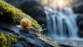 Snail Crawling on Mossy Rock Near Waterfall in Natural Environment photo