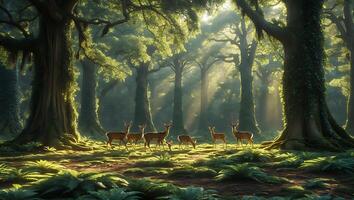 Deer Standing in Forest with Sun Rays Filtering Through Trees photo