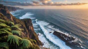 Dramatic Coastal Cliffs at Dusk with Breaking Waves and Ferns photo