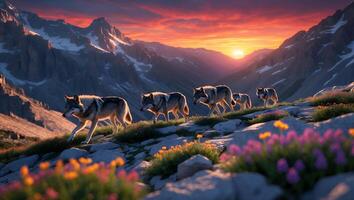 Wolves Walking Through Mountain Landscape During Sunset with Colorful Flowers photo