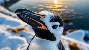 Chinstrap Penguin Portrait on Snowy Coastline with Glistening Water View photo