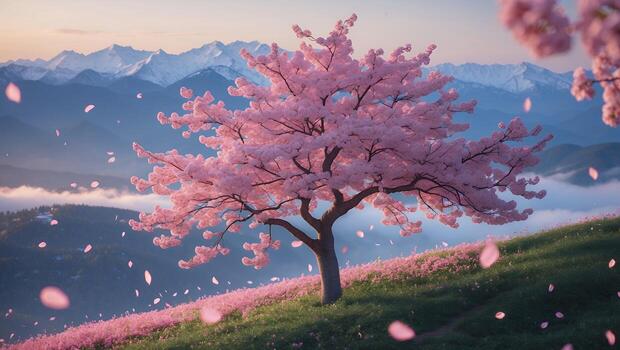 Blooming Tree on Hillside with Petals Falling and Distant Mountains photo